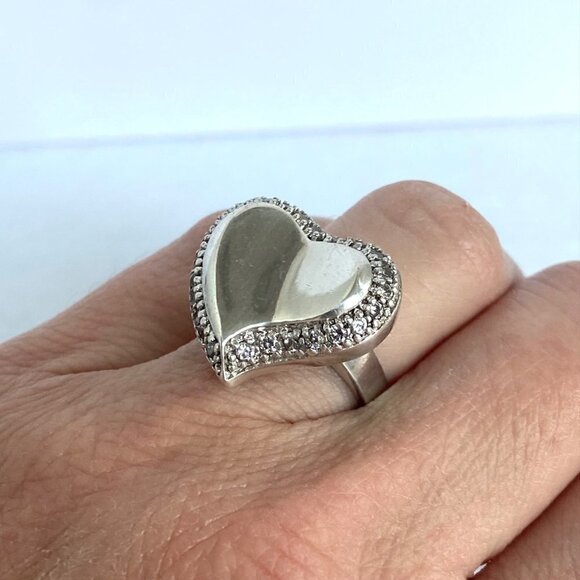 Sterling Silver 925 Cubic Zirconia Polished Modernist Asymmetric Heart Ring 6.75 - Picture 11 of 16